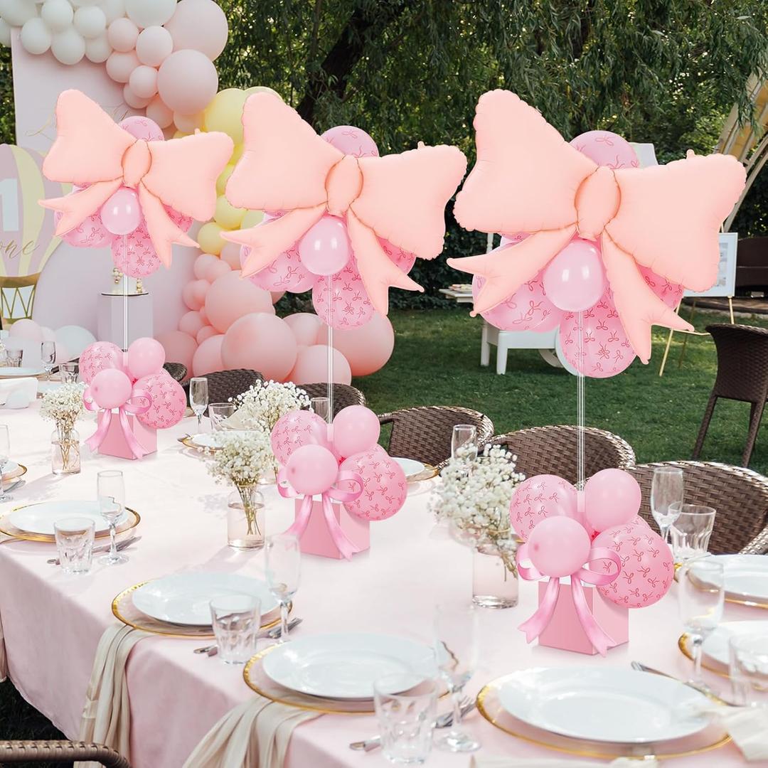 Gejoy 4 Sets Pink Bow Table Centerpiece Decorations Include 4 Pink Bows 4 Decorative Boxes Balloons of Different Sizes 4 Balloon Stand Kits for Wedding Bridal Baby Shower Birthday Party