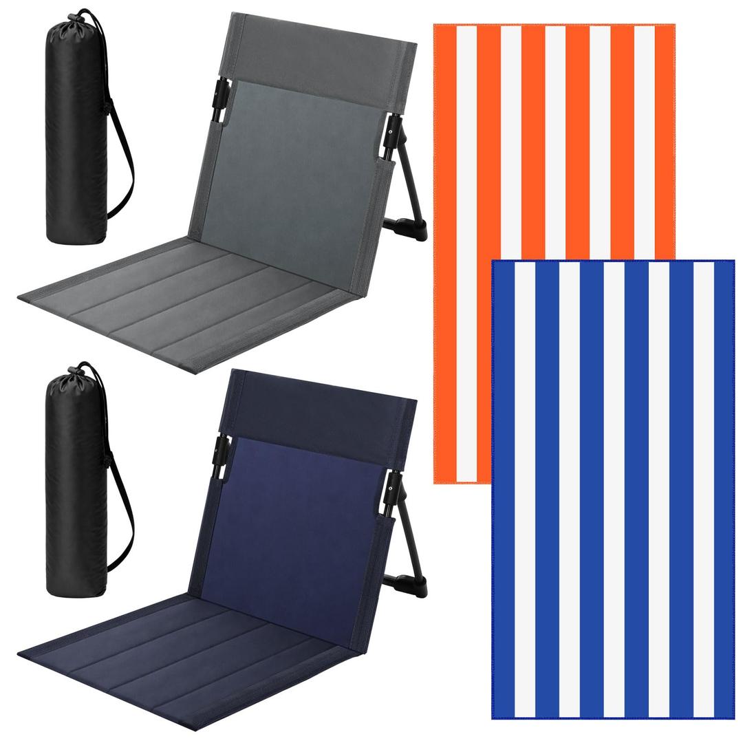Yalikop 4 Pcs Foldable Poolside Chair Set with Towels, Portable Beach Floor Seats with Back Support and Carry Bag, Lightweight Outdoor Chairs for Pool Beach Camping Lawn(Dark Blue and Gray)