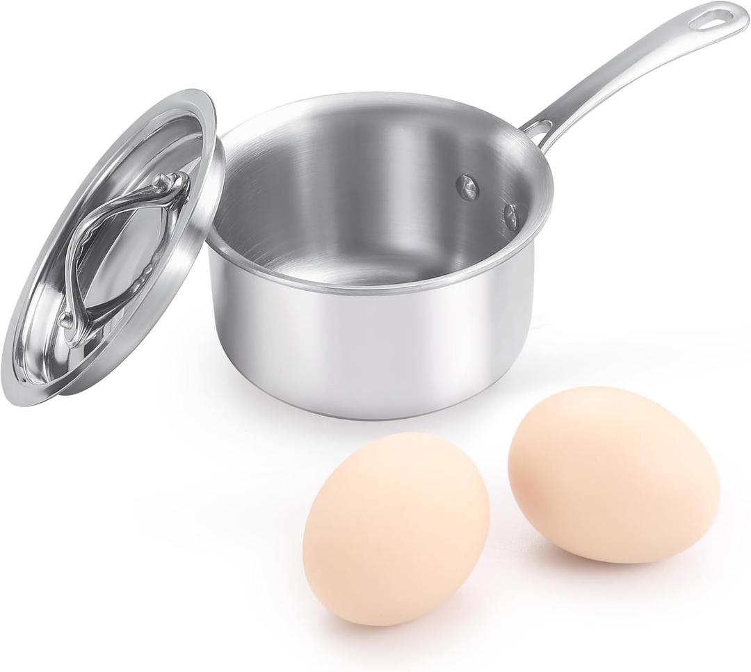 Mini Sauce Pan with Lid, Tri-Ply Stainless Steel Pot with Stay-Cool Handle & All Cooktop Compatibility (Gas, Ceramic, Electric) - Silver (0.34Quart)