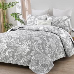 WONGS BEDDING Botanical Quilt Set Queen Size, Grey 3 Pieces Floral Plants Printed Bedspread Bedding Set Soft Lightweight Microfiber Coverlet Set for All Season (96""x90""), YS01AC080786AF-A