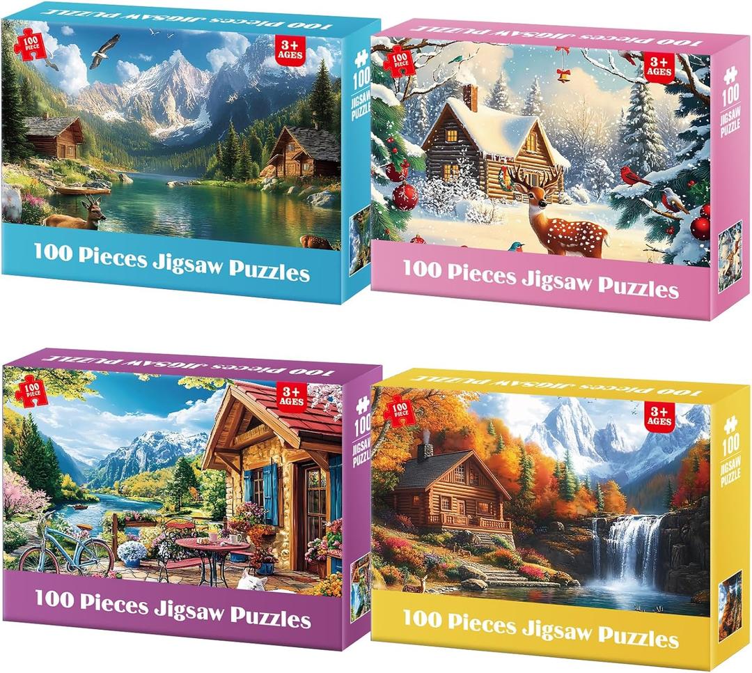 4-Packs 100 Piece Puzzles - Four Seasons Scenery Large Piece Puzzles for Senior Adults Kids Puzzle Ages 5-8 Jigsaw Puzzle for Kids Ages 4-6 6-8 8-10 Year Old Educational Toys for Girls Boys