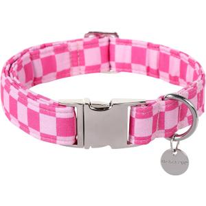 Dog Collar for Summer,Cute Pink Plaid Dog Collar,Cotton Puppy Collar with Adjustable Metal Buckle for Small,Medium,Large Girl Boy Dog