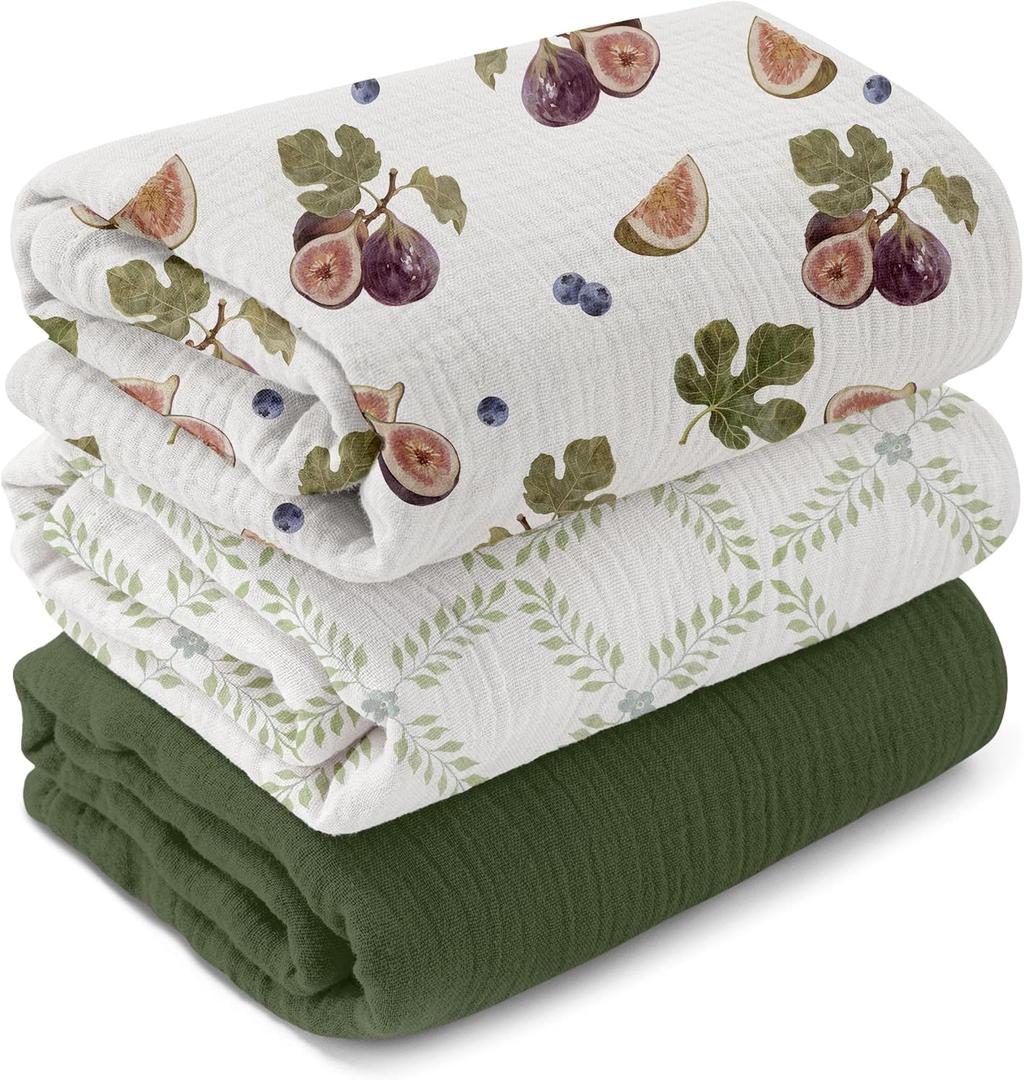 GLLQUEN BABY Muslin Swaddle Blankets for Newborns, 3-Pack Cotton Receiving Blankets for Boys and Girls, Large 40 x 38 Baby Essentials Swaddle Wrap Burping Clothes, Unisex, Gift, Green
