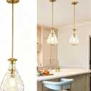 2 Pack Modern Pendant Lights Kitchen Island, Brushed Gold Pendant Light Fixtures with 8.5" Clear Hammered Glass Shade, Industrial Hanging Pendant Lights Fixture for Kitchen Island Dining Room Entryway