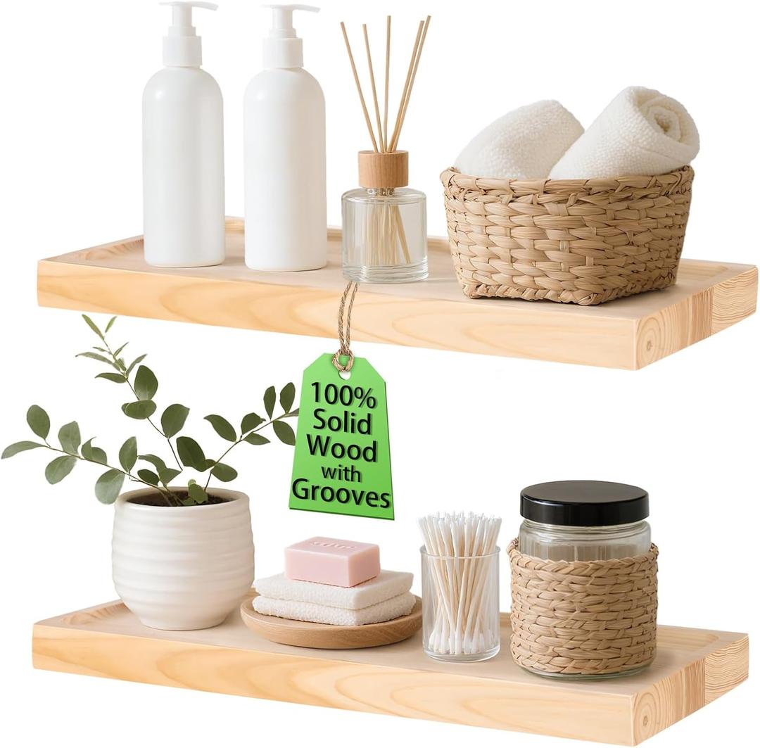 Bathroom Wooden Floating Shelves for Wall - Natural Solid Wood Floating Shelves 16 inch Set of 2 Decoration for Living Room Bedroom Kitchen Farmhouse 16x6.7 inch - Natural