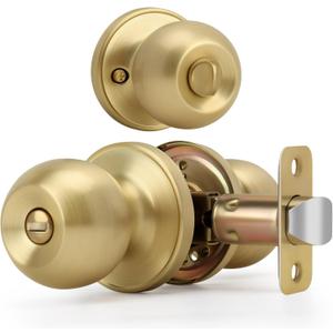Brushed Gold Ball Design Door Knob with Lock, Privacy Round Shaped Keyless Doorknob for Bathroom/Bedroom, Satin Brass Finish (1 Pack)