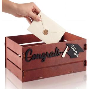 Epakh 2026 Graduation Card Box Holder Class of 2026 Rustic Wooden Card Box with Slot Vintage Grad Decorations for Congrats Graduation Reception Party Supplies