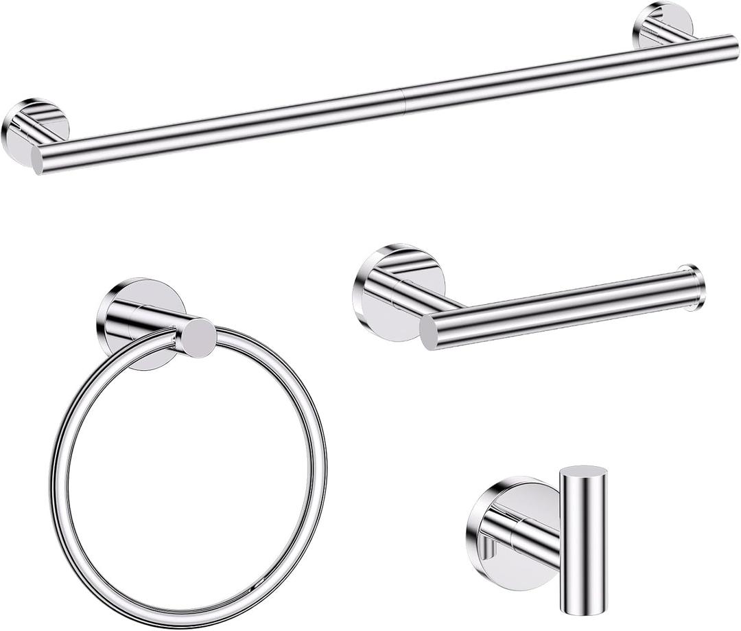 Chrome Bathroom Hardware Set, 4 Pieces Towel Bar Towel Holder Set Includes Towel Bar, Toilet Paper Holder,Towel Ring and Towel Hook Wall Mount Bathroom Accessories Towel Racks for Bathroom