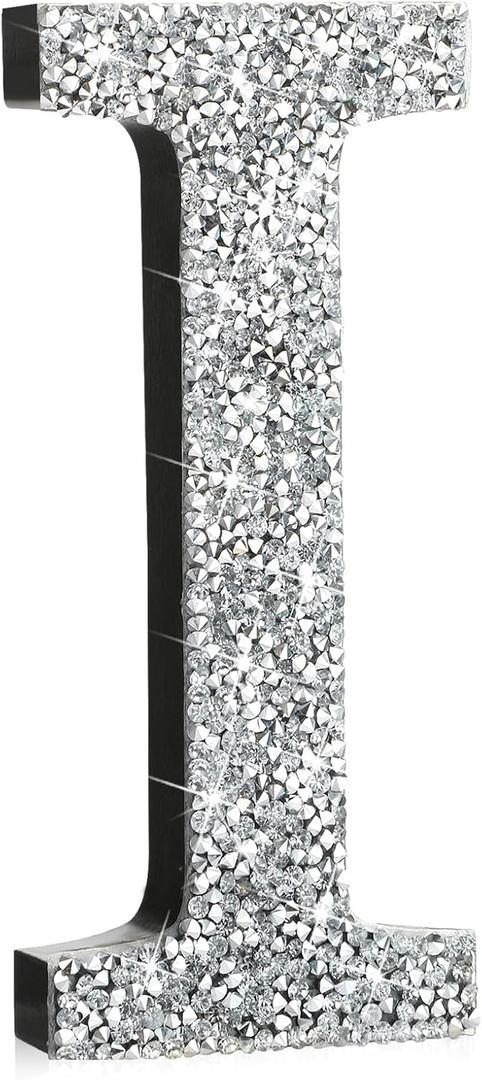 Qunclay Crystal Diamond Bling Letters Crushed Diamond Decorations Wooden Glitter Letters with Screw and Hooks Rhinestone Gifts for Christmas Wedding Bedroom Wall Decor(5.7"l X 5.7"w,Letter I,Silver)