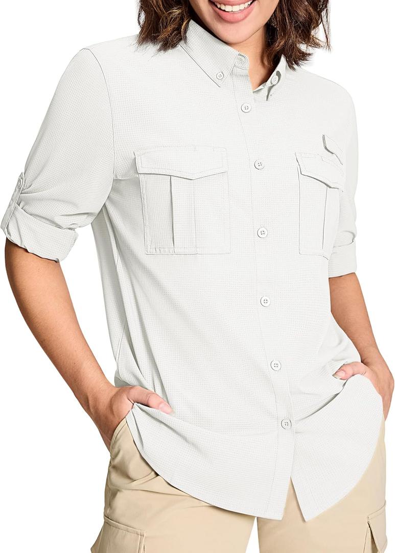 MAGCOMSEN Women's UPF 50+ Long Sleeve Fishing Shirts UV Sun Protection Quick Dry Button Down Safari Hiking Travel Shirts (L)