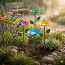 4 Pack Bee Watering Station for Garden, Colorful Metal Flower Bee Bath, Decorative Design Attracts Bees & Butterflies, Easy Install Durable Outdoor Yard Decor