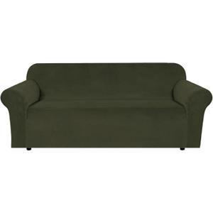 H.VERSAILTEX Stretch Velvet Sofa Covers for 3 Cushion Couch Covers Furniture Protector Soft with Non Slip Elastic Bottom, Crafted from Thick Comfy Rich Velour (Large Sofa 90"-97", Olive)