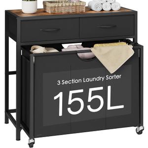 Laundry Sorter 3 Section with Tabletop & 2 Drawers, Rolling Laundry Hamper with Pull-Out and Removable Bags, Laundry Basket Organizer with Wheels and Shelf, Metal Frame Rustic Brown for Laundry Room, 155 L