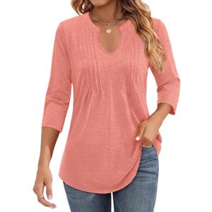 Long Sleeve Shirts for Women 2026 Spring Dressy Casual Blouses Pleated Crewneck Tunic Tops for Leggings Cute Tee (M)