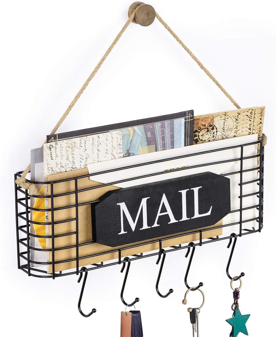 SRIWATANA Rustic Mail Key Holder, Mail Organizer Wall Mount with 5 Hooks Large, Black