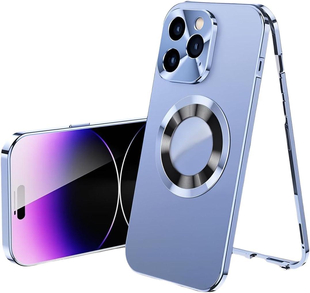 Magnetic Metal Edge Full Body Military Drop Protection for iPhone 12 Pro Case,Compatible with MagSafe,Rugged Built-in Privacy Screen Protector Logo View Shockproof Cover,Blue