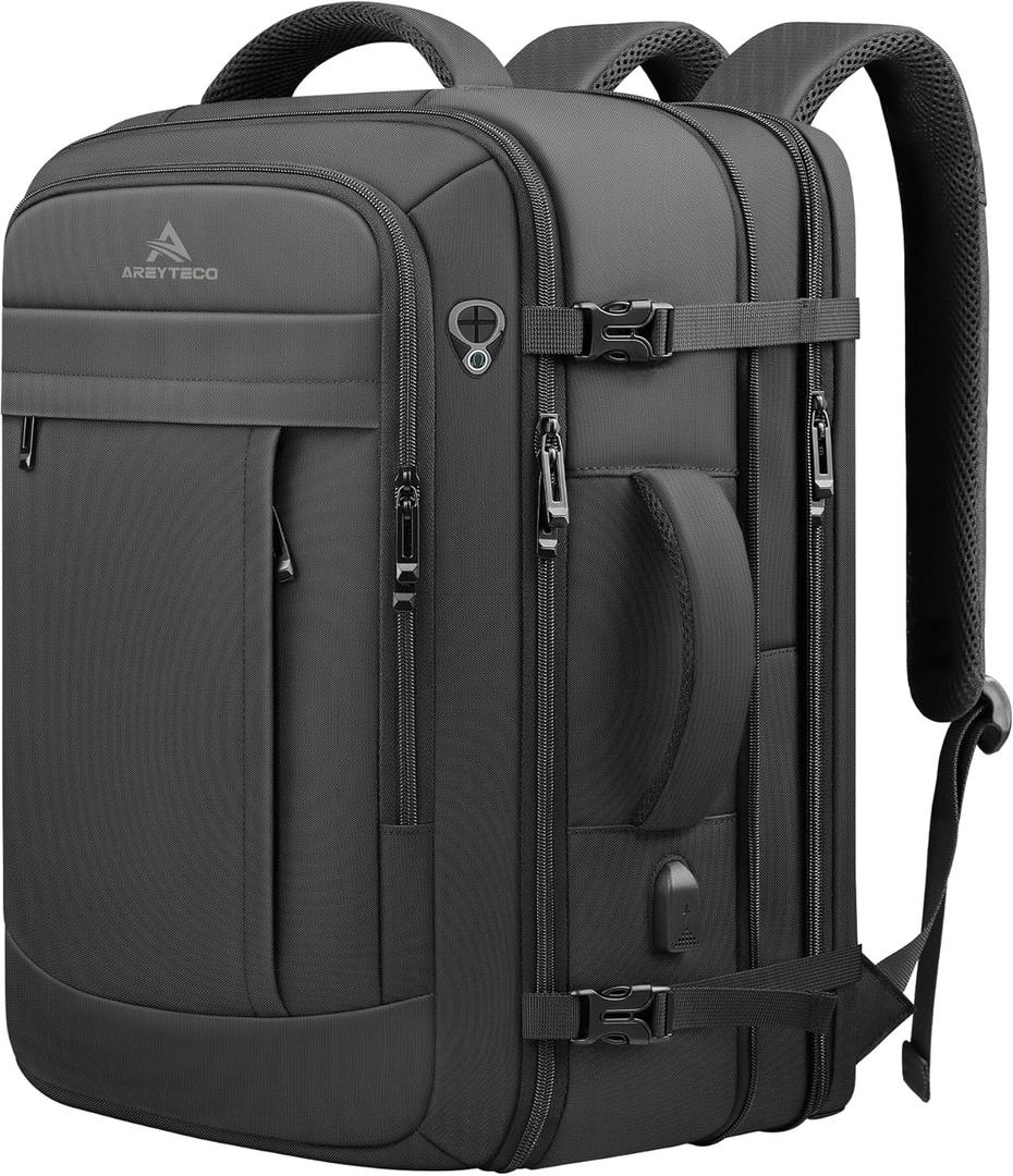 Travel Backpack, 50L Expandable Extra Large Laptop Backpack, Carry On Backpack Airline Approved Water Resistant Business Suitcase Daypack Bag Fits 17 Inch Laptops, Travel Gifts for Men Women, Black (17.3 Inch (20''x13''x10''))