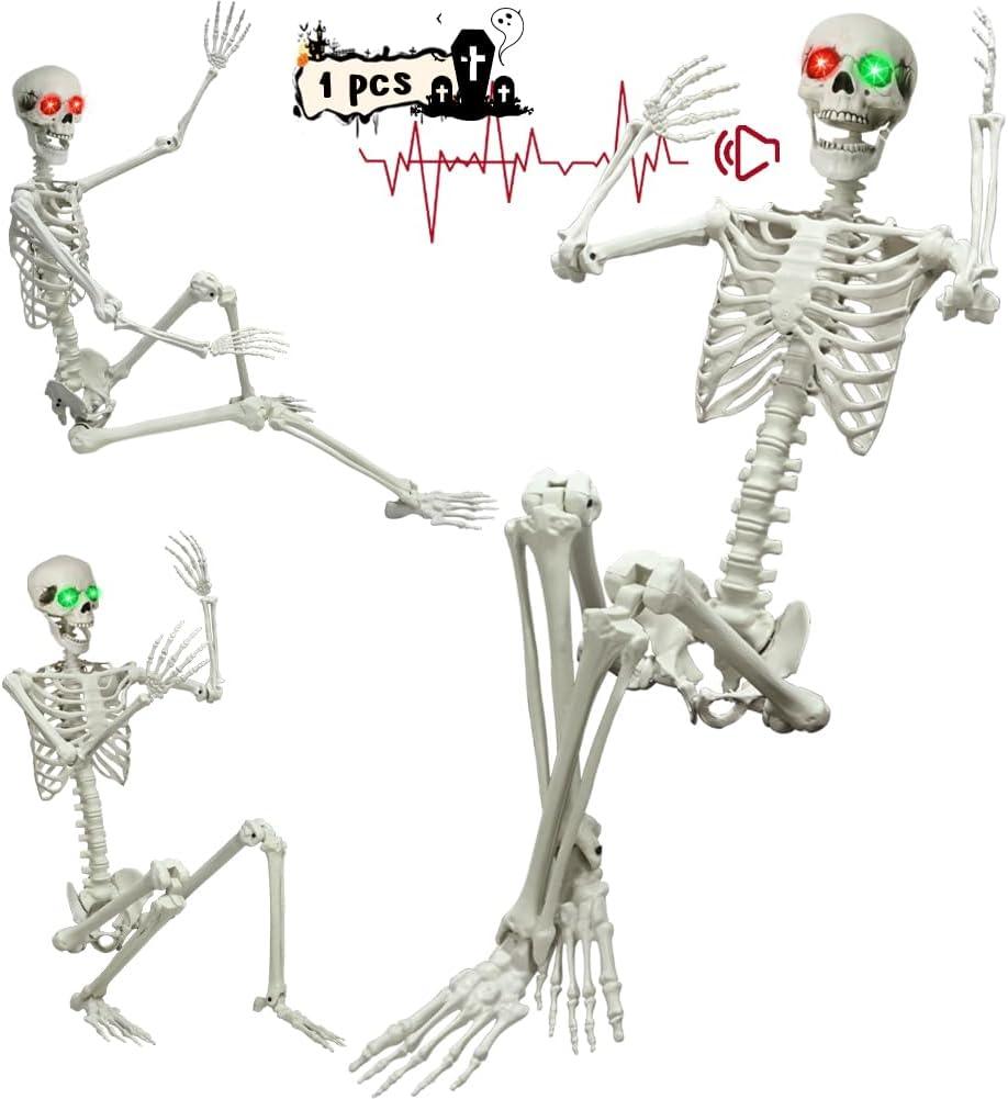 5.4Ft Halloween Skeleton, Posable Life Size Skeleton with Glowing Eyes Creepy Sound, Plastic Skeletons with Movable Joints for Graveyard Prop, Indoor Outdoor Haunted House Party Decor