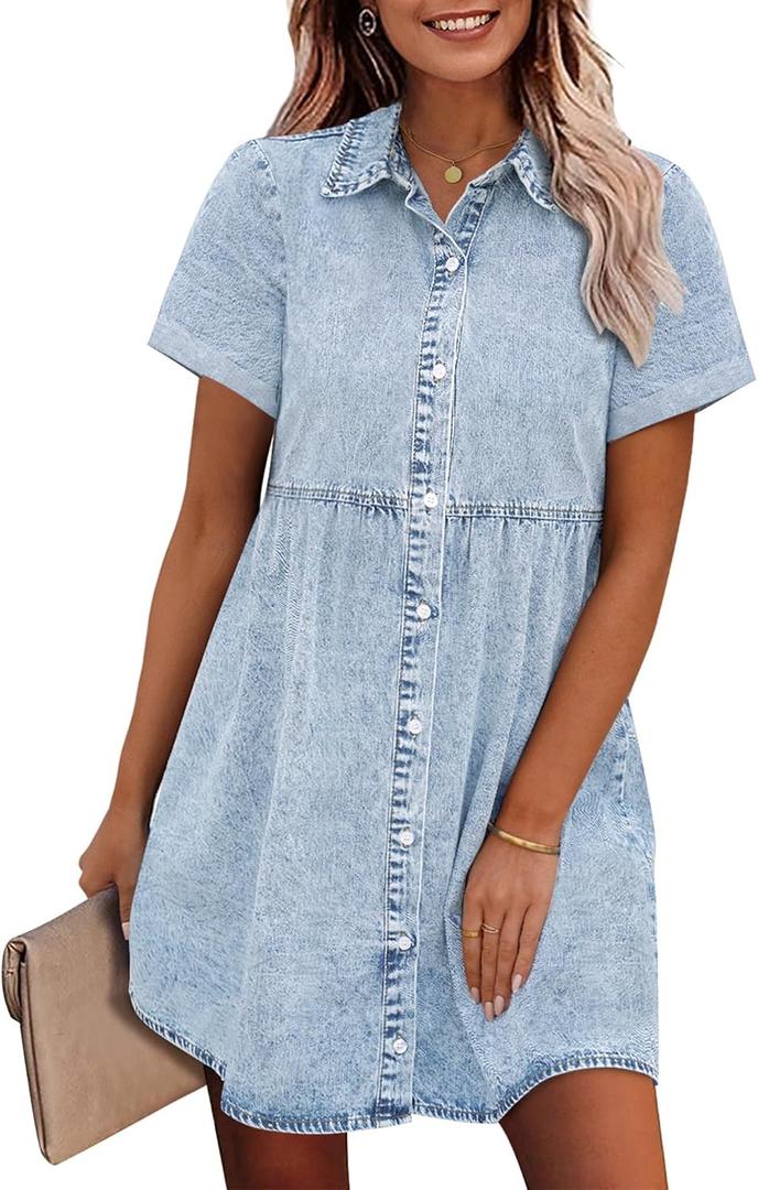 GRAPENT Denim Dress for Women Babydoll Tiered Short Sleeve Button Down Jean Shirt Dresses, Medium