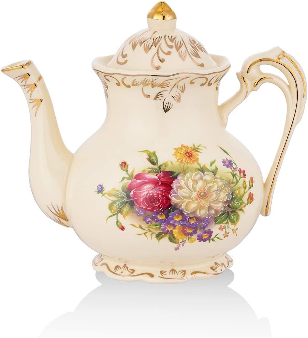 European Porcelain Teapot, Vintage Floral Teapot, Ivory Gold Trim, 28 OZ