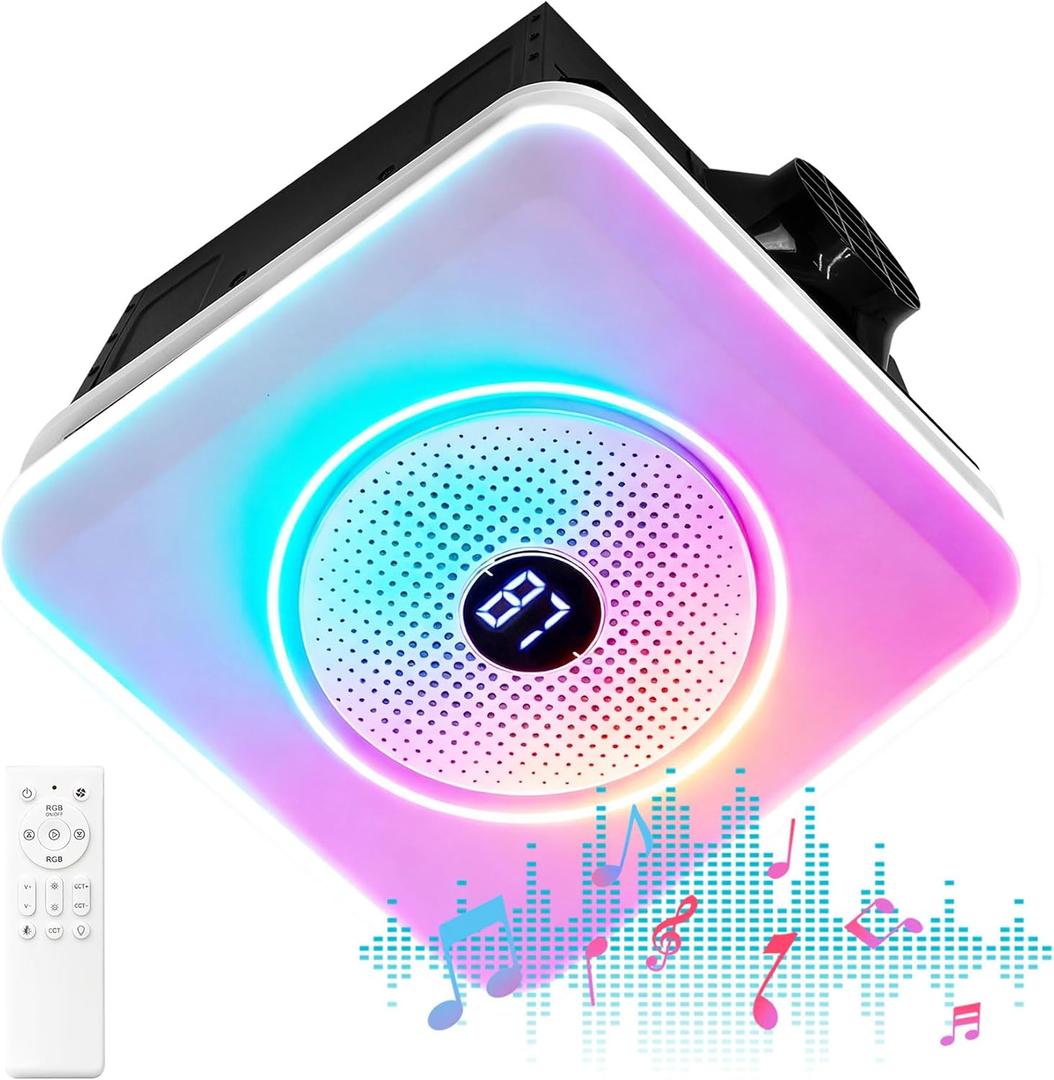 Bathroom Exhaust Fan with Bluetooth Speaker,Bathroom Fan Light,Plug&Play,230 CFM 1.0 Sone,Strong Wind Force&Quiet,Noise-cancelling Bluetooth dual speakers,7color dynamic&3color lighting
