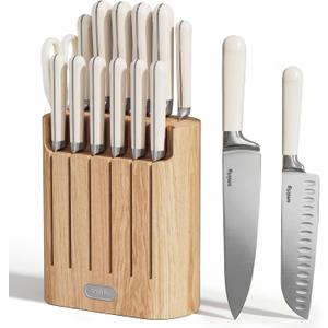 SMIRLY 14-Piece Kitchen Knife Set with Magnetic Block, High-Carbon Stainless Steel Chef Knife Set, Professional Sharpness, Dishwasher Safe, Cream White