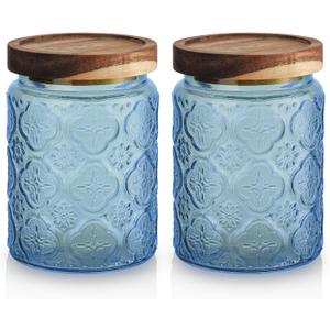 2 pack Decorative Mason Jars with Wooden Lids Colored Glass Kitchen Canister for Coffee Tea Cookie Airtight Vintage Food Storage Container with Embossed Floral Pattern (Blue Crabapple, Small)