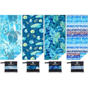 4 Pack Microfiber Lightweight Beach Towel Sand Free Quick Dry Absorbent Thin Compact Towels for Swimming Pool Camping Beach Accessories Large Easy Pack Travel Things for Vacation Essentials Gift (32x71 inch, 4 Pack Blue Multi Comb)