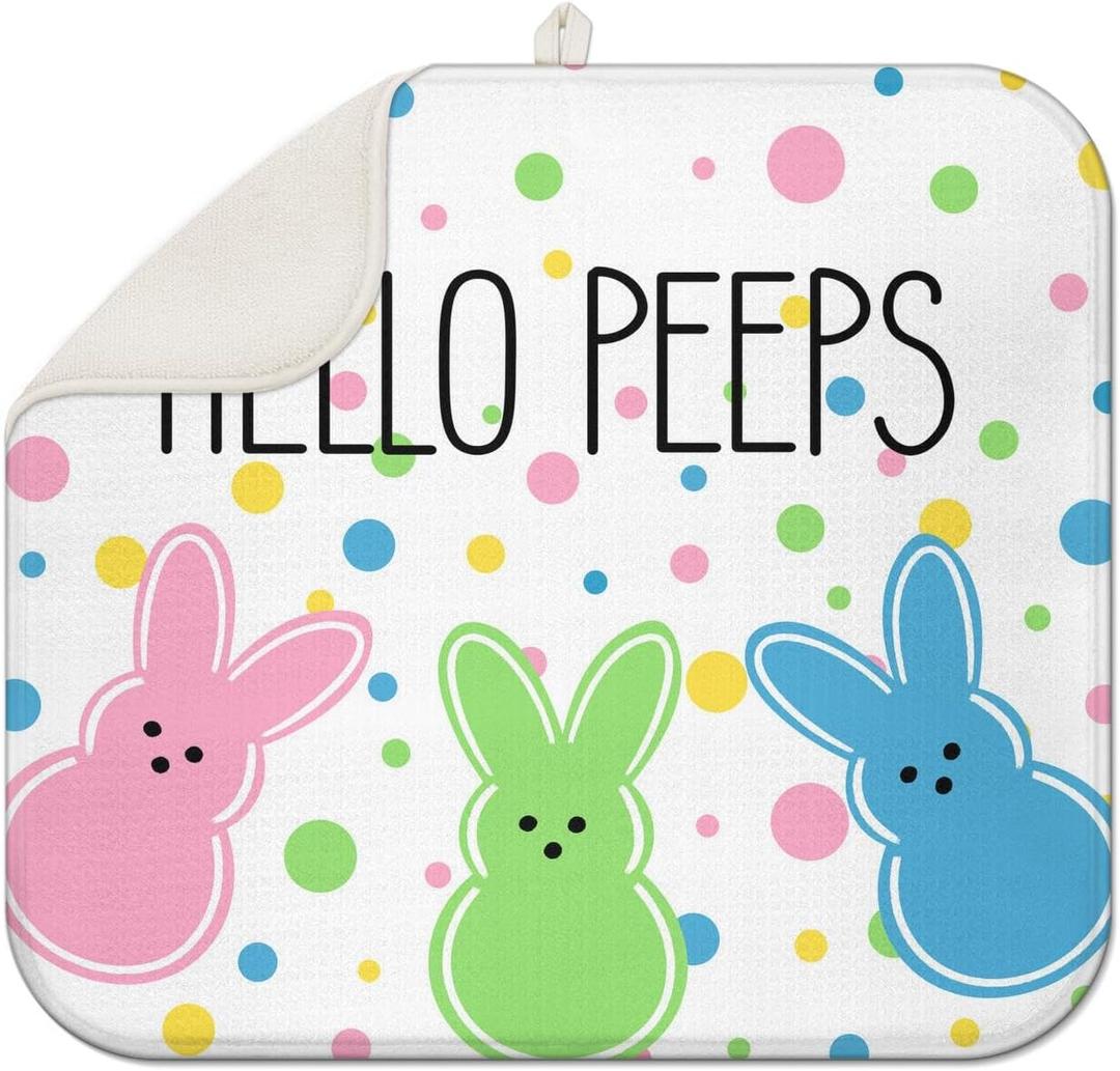 Spring Easter Hello Peeps Dish Drying Mat for Kitchen Counter 16x18 Inch Seasonal Bunny Absorbent Dish Mats Rabbit Kitchen Drainer Rack Pad Decor