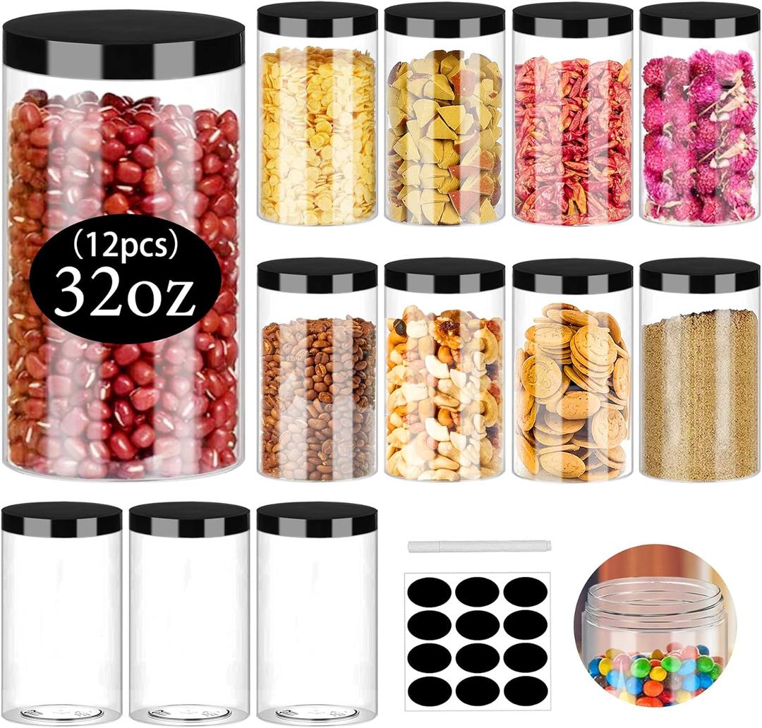 SLifeJars Clear Plastic Jars 32oz 12Pack Big Round PET Plastic Containers with Black Screw On Lids Reusable Empty Storage Jars with Lid Clear Containers for Household and Kitchen Organizing