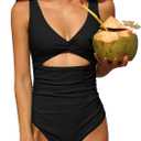 Charmo Womens One Piece Swimsuit Ruched Tummy Control High Cut Backless V Neck Bathing Suits Swimwear (Black, XL)