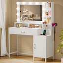 Driftalia Vanity Desk with Mirror and Lights, Makeup Vanity with Storage Drawer, Power Outlet and Large Cabinet for Bedroom - White