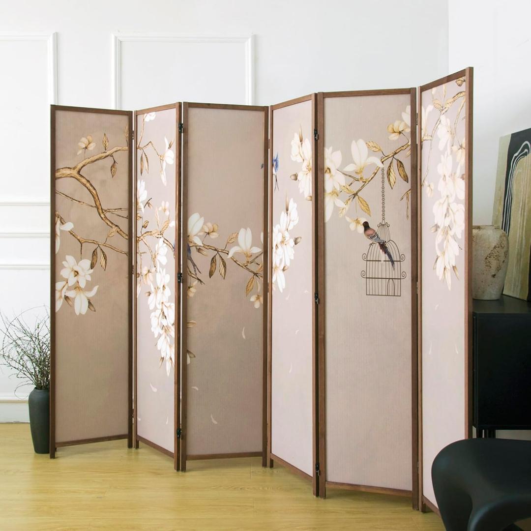 6 Panel Room Divider, 5.6 ft Tall Blackout Folding Privacy Screen - Freestanding Partition Wall with Double-Sided Patterns, Graceful Floral and Bird Artwork for Home Office (67" H x 94.5" W)