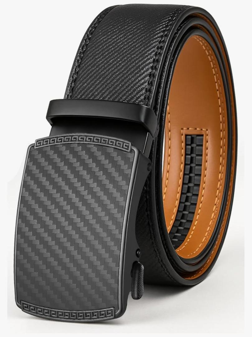 Men's Ratchet Belt Genuine Leather No-Hole Slide Buckle - Adjustable Men's Dress & Casual Belt