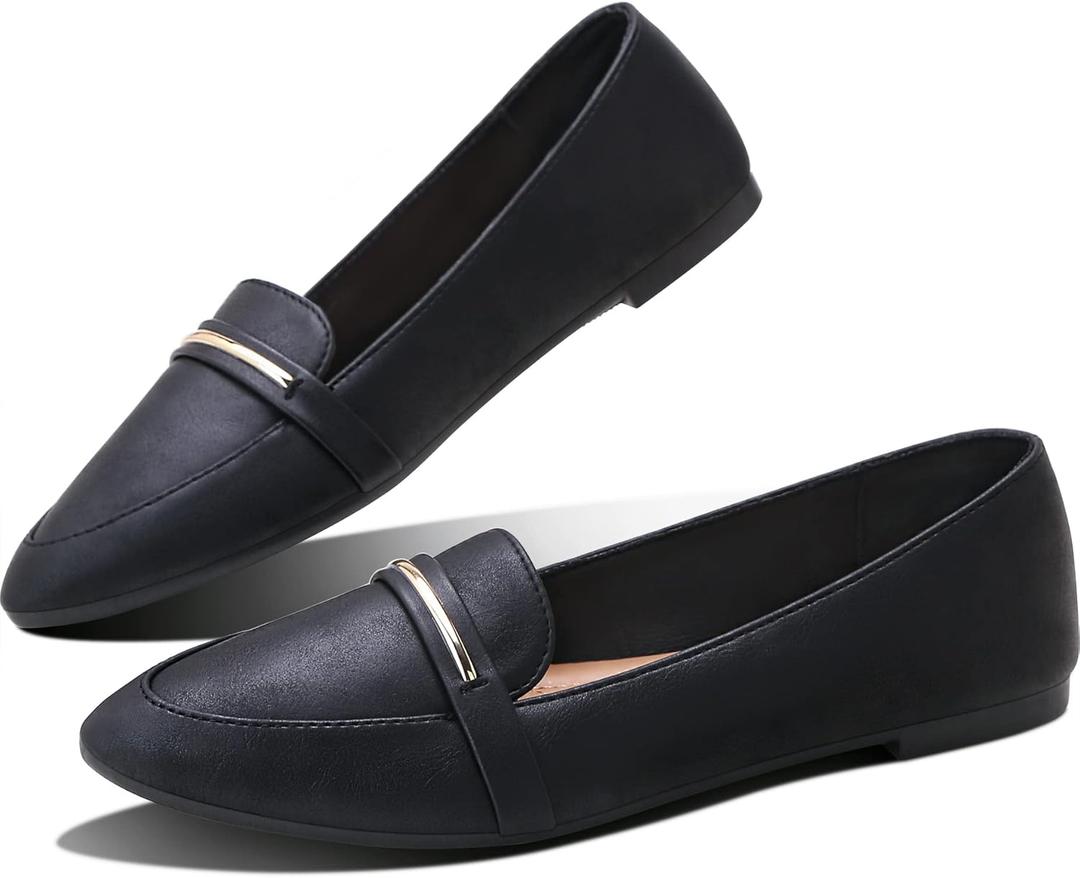 Obtaom Women's Pointy Toe Loafer Flat Comfortable Faux Suede Work Shoes,Cute Penny Loafer Slip On Ballet Flat (9, Black Faux Leather)