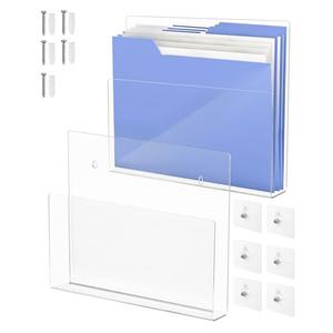 BEZONO 2 Pack 13 Inch Acrylic Wall File Holder with 6 No-Drill Adhesive Stickers and Side Openings for Multi-Size Storage (translucent)