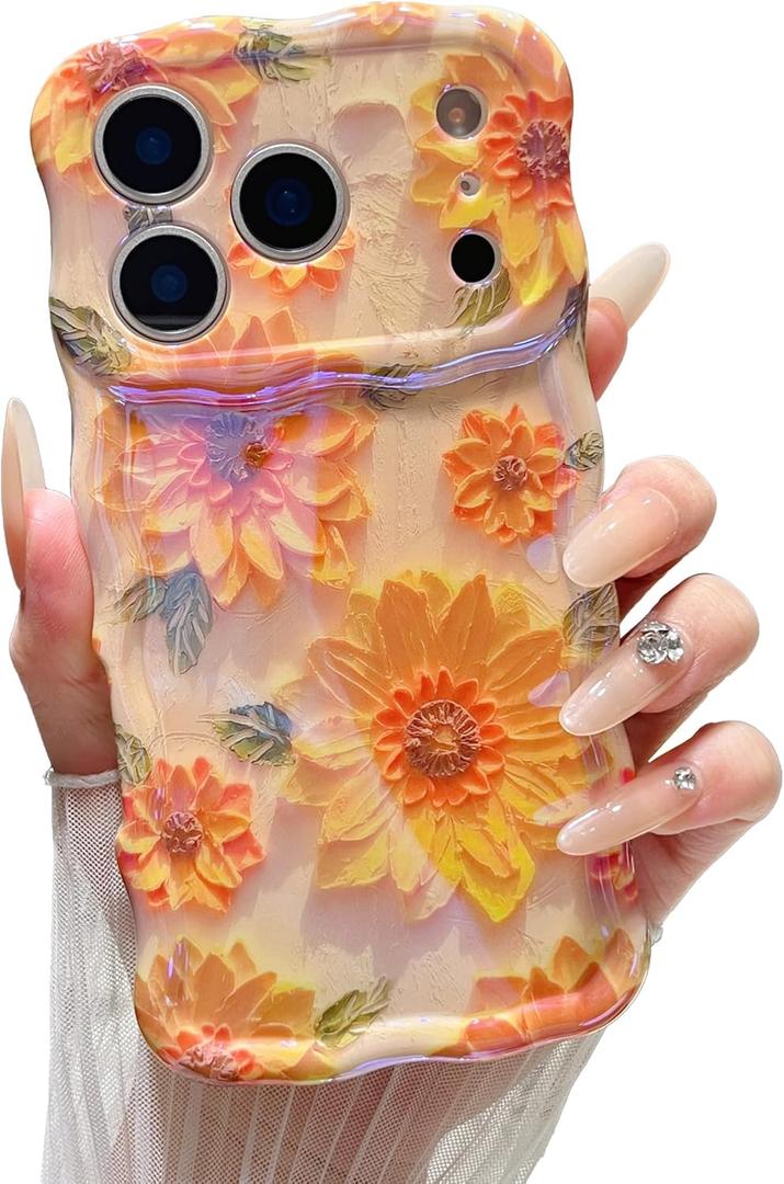 XIZYO Case for iPhone 17 Pro Max, Colorful Retro Oil Painting Flower Cute Floral Aesthetic Curly Wave Frame Laser Glossy Reflective Exquisite Stylish Protective Cover Women Girls-Sunflower/Yellow