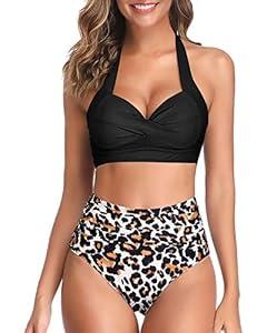 Tempt Me Women Two Piece Vintage Swimsuit Retro Halter Ruched High Waist Bikini with Bottom (XX-Small, Black 1)