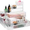 18 Pcs Clear Drawer Organizer Stackable 4 Size Clear Makeup Drawer Organizer Trays Acrylic Bathroom Vanity Storage Bins for Cosmetic, Jewelries, Office Supply, Kitchen Utensils(Stripes)