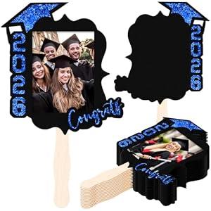24 Pcs Personalized Graduation Fans Custom Photo Cutout Face Fans with Handle Double Sided Class of 2026 Grad Photo Props Grad Party Supplies Blank DIY Frame for Graduation Party Souvenirs(Blue)