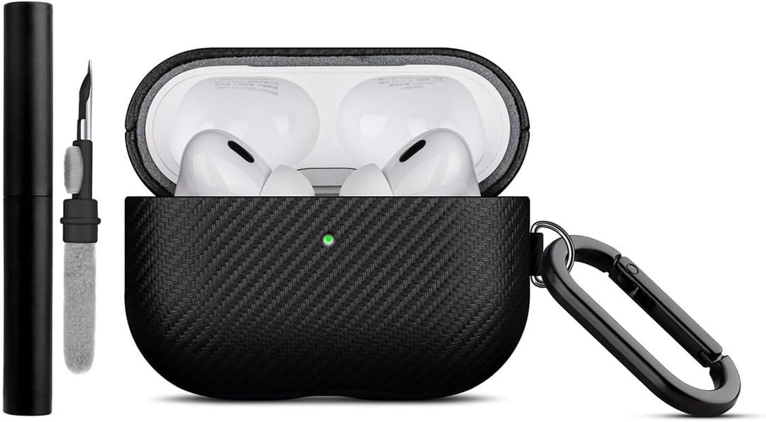 LOPIE Designed for AirPods Pro 3rd Generation Case Cover (Not for 2nd Gen), Carbon Fiber Texture Vegan Leather Case with Keychain & Cleaner Kit, Handmade Protective Hard Cover for AirPods Pro 3, Black