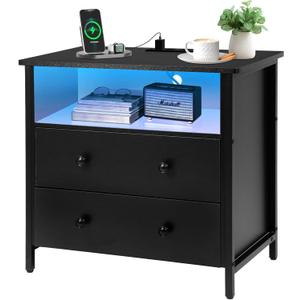 27 Inch Wide Night Stand, Large Wood Night Stand with 2 Drawer, LED Nightstand with Charging Station and Adjustable Drawer, Bedside Table for Living Room/Bedroom/Study/Office, Black.