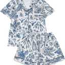 SHENHE Women's Floral Pajama Set 2 Piece Button Down Boho Vacation Shirt with Shorts Cute Pjs Set Lounge Pj Royal Blue Small (S)