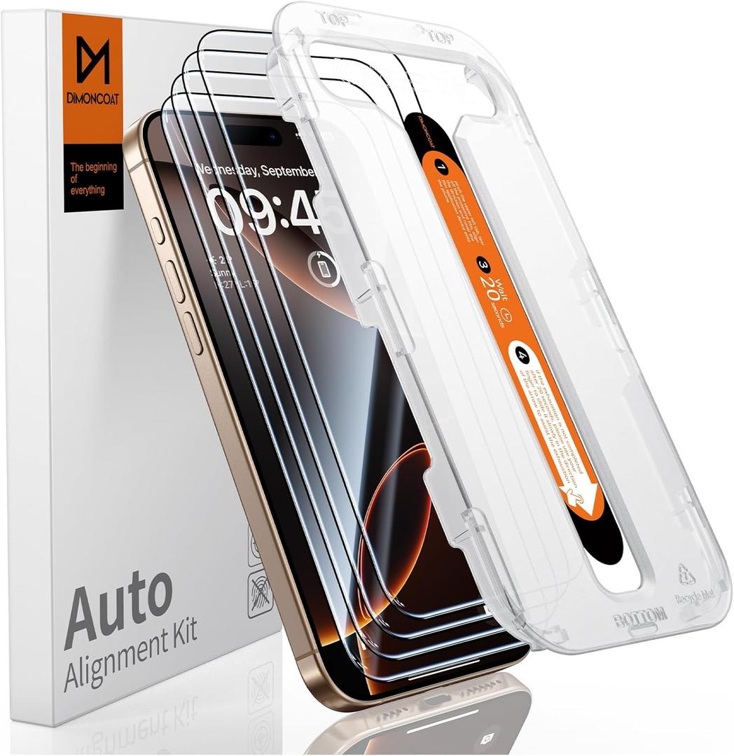 DIMONCOAT 4-Pack TOP 9H+ Glass for iPhone 16 Pro Max Screen Protector [Auto Alignment Kit] [10X Military Protection] Tempered Glass Screen Protector 16 ProMax 6.9 inch Longest Durable Case-Friendly (HD Clear)