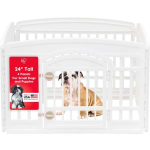 IRIS USA Dog Playpen with Door, 24” 4 Panel Pet Exercise Pen – Indoor Outdoor Puppy Play Pen, Portable Plastic Pet Fence for Small Medium Dogs, Foldable 35” x 35” x 24”, White