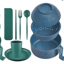 Romooa 12 Pcs Microwave Ramen Cooker Set Microwavable Wheat Straw Dinnerware Sets with 40oz Ramen Bowl, Plates, Cups and Cutlery Box, Dishwasher Safe Camping College Dorm (Blue,Green)