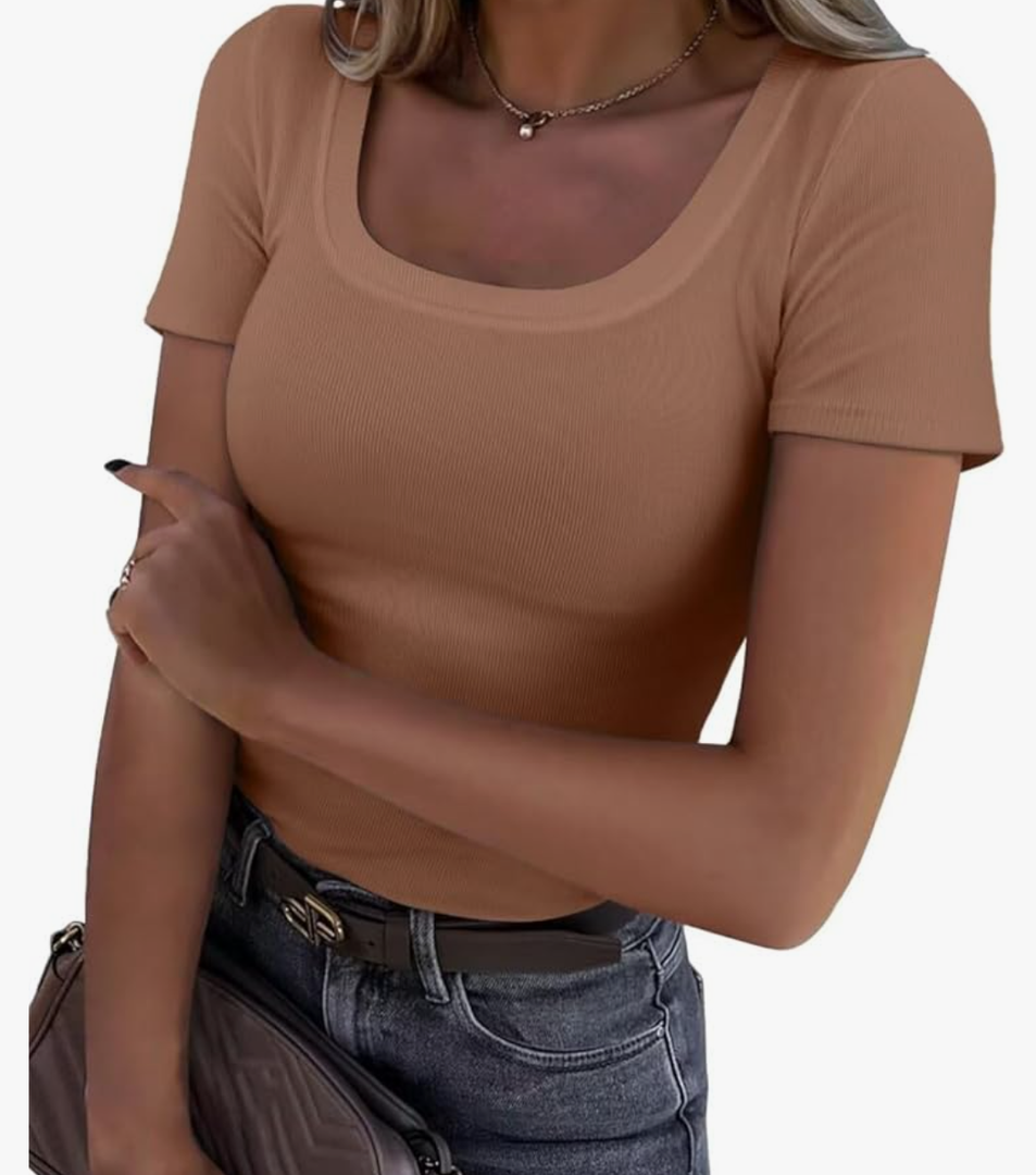 Womens Tops Summer Square Neck Short Sleeve Shirts Ribbed Knit Slim Fitted Tshirt Casual Tees Y2K Clothing (M, Khaki)