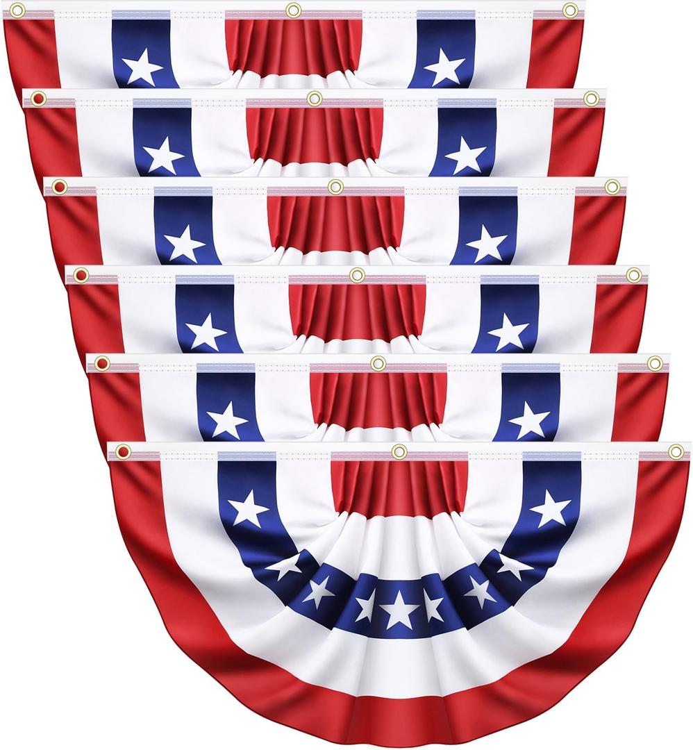 6 Pack USA Pleated Bunting Fan Flags 1.5x3 Ft - American US Flag Bunting for Outside Red White & Blue Patriotic Decor for 250th Anniversary, Memorial Day, Independence Day 4th of July Decorations