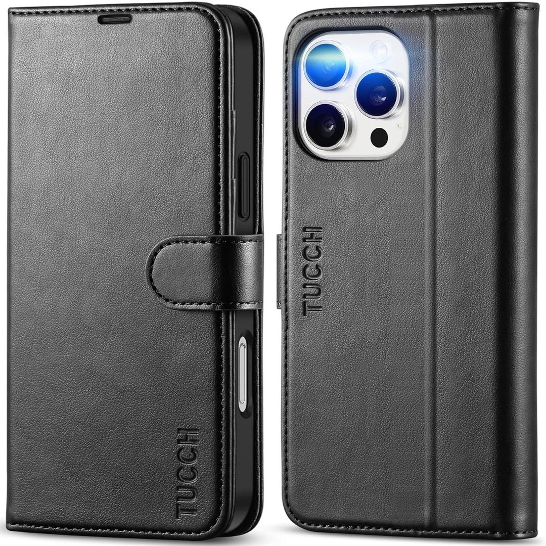 TUCCH Case Wallet for iPhone 16 Pro Max, RFID Blocking [4 Card Holders] Kickstand Shockproof TPU Interior Shell, PU Leather Magnetic Flip Folio Cover 2024, Black