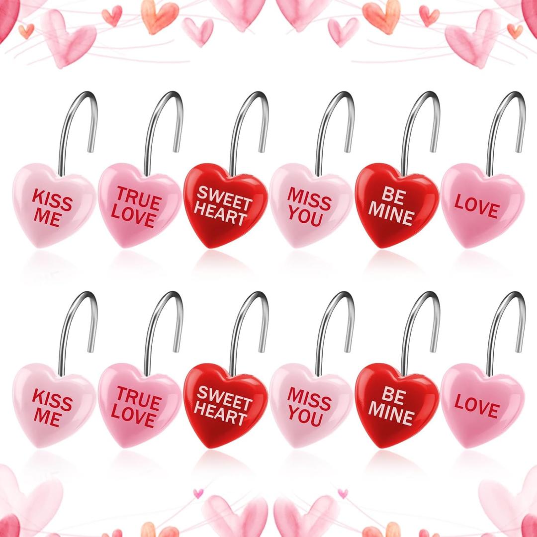 Threehoney 12 Pcs Valentines Shower Curtain Hooks 3 Styles Pink Red Conversation Heart Rustproof Hangers Hooks Decorative Love Heart Shape Curtain Rings for Bathroom Valentine's Day Wedding Decor